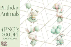 Pastel Birthday Clipart, Cute Party Animals PNG Product Image 1