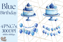 Blue Birthday Clipart, Festive Party Decorations PNG Product Image 1