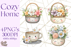 Spring Cozy Home Clipart, Cute Kawaii House Decor Icons PNG Product Image 1