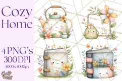 Spring Cozy Home Clipart, Cute Kawaii House Decor Icons PNG Product Image 1