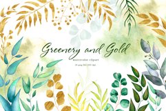 Watercolor Greenery, Watercolor Leaves, Green and Gold Product Image 1