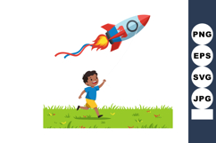 Boy running with rocket shaped kite flying high over green g Product Image 1