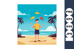 Boy juggling colorful fish on tropical beach with palm trees Product Image 1