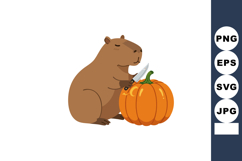 Capybara holding knife carving orange pumpkin autumn hallowe Product Image 1