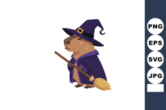 Capybara dressed as witch with broomstick in purple cloak an Product Image 1