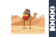 Camel carrying colorful suitcases in desert landscape with s Product Image 1