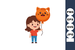 Girl holding orange cat face balloon smiling happily in casu Product Image 1