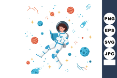 Astronaut reading book in space with planets stars and meteo Product Image 1