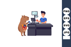 Capybara shopping with basket at cashier counter paying for Product Image 1