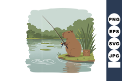 Capybara fishing peacefully by lakeside with fishing rod and Product Image 1
