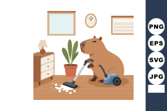 Capybara vacuum cleaning wooden floor in cozy room with plan Product Image 1