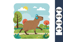 Capybara walking outside wearing headphones on sunny day wit Product Image 1