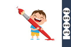 Boy holding oversized red paintbrush smiling with blue shirt Product Image 1