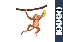 Monkey hanging from tree branch holding banana cartoon style Product Image 1