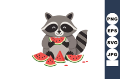 Raccoon eating fresh watermelon slices cute cartoon animal e Product Image 1