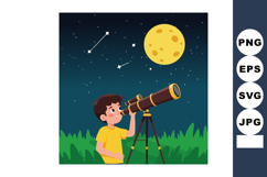 Boy observing night sky through telescope stargazing with fu Product Image 1