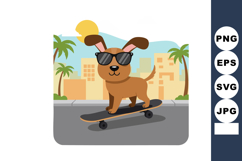 Cool brown dog wearing sunglasses skateboarding in urban cit Product Image 1