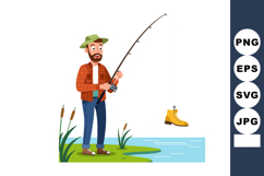 Man fishing with rod on lakeside wearing hat and casual clot Product Image 1