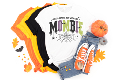 Funny mom Halloween digital design with dripping Mombie text, playful spooky details, and retro pastel colors displayed on a clean white background.