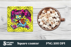 Halloween cute zombie square coaster | Halloween coaster PNG Product Image 1