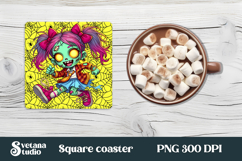 Halloween cute zombie square coaster | Halloween coaster PNG Product Image 1