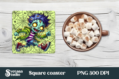 Halloween cute zombie square coaster | Halloween coaster PNG Product Image 1