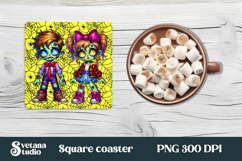 Halloween cute zombie square coaster | Halloween coaster PNG Product Image 1