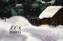 Watercolor winter snowy landscape with lantern trees and hou Product Image 4