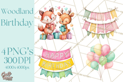 Woodland Birthday Clipart PNG, Watercolor Woodland Animals Product Image 1