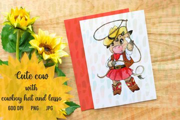 Cow With Cowboy Hat and Watercolour clipart