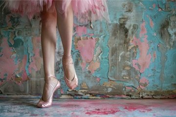 Ballerina posing on pointe in front of colorful urban wall