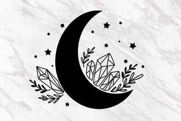 Celestial Crescent Moon with Crystals, Svg file