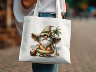 Summer beach gnome with drink, inner tube, and floppy hat