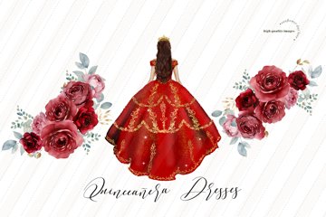 Elegant Red Miss Quince Clipart, Red Floral, Sweet 16th