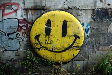 Big yellow smiley face graffiti smiling on a crumbling concr