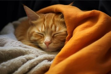 Cozy ginger cat sleeping under orange blanket