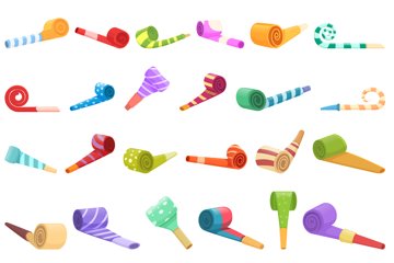 Party blower icons set cartoon Horn birthday