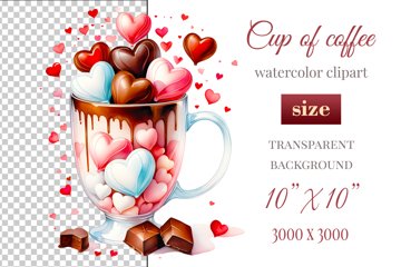 Watercolor coffee cup with hearts and chocolate, clipart Png