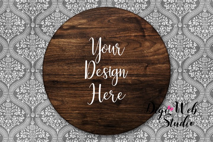Wood Sign Mockup - Round Wood Sign on Damask Wallpaper (239077