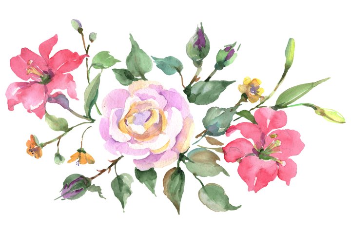 Bouquet with pink rose Watercolor png (240948) | Illustrations | Design