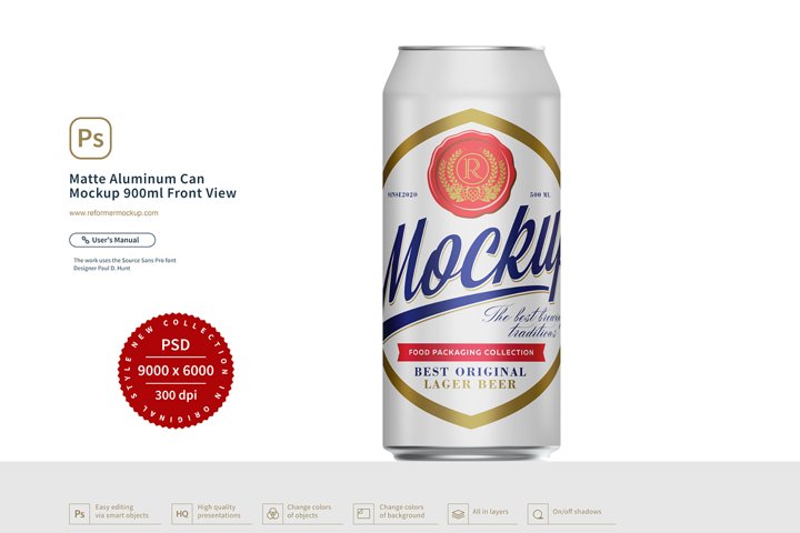 Matte Aluminum Can Mockup 900ml Front View (846231 ...