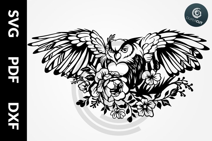 SVG / PDF / DXF Owl with flowers, Papercutting Template (725943