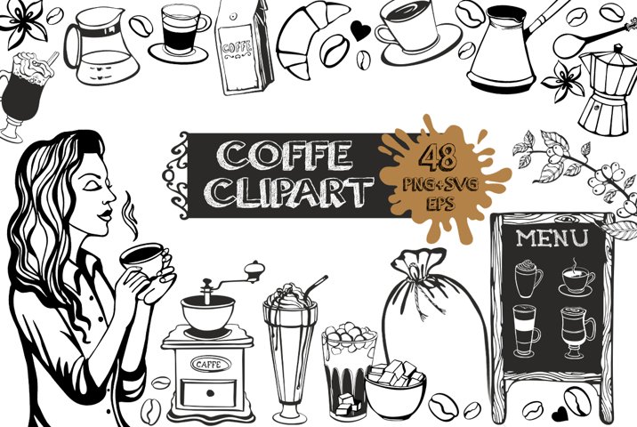 Coffe clipart black and white (120809) | Illustrations | Design Bundles