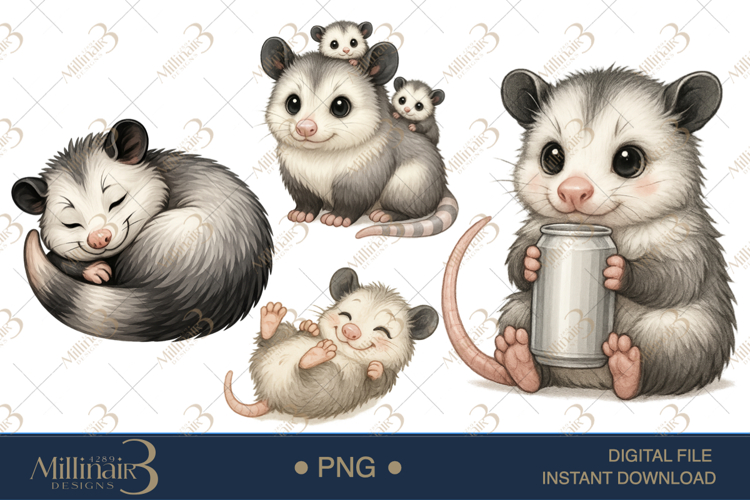 Watercolor Cute Opossum Clipart|Baby Possum PNG |Nursery