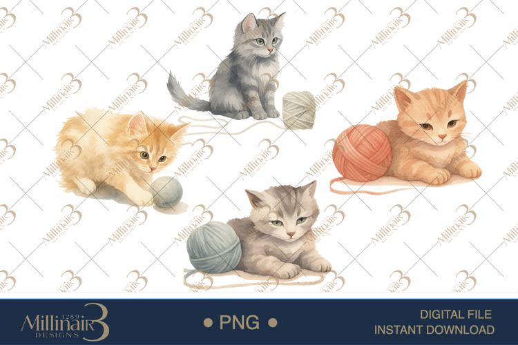 Watercolor Cat Knitting Clipart