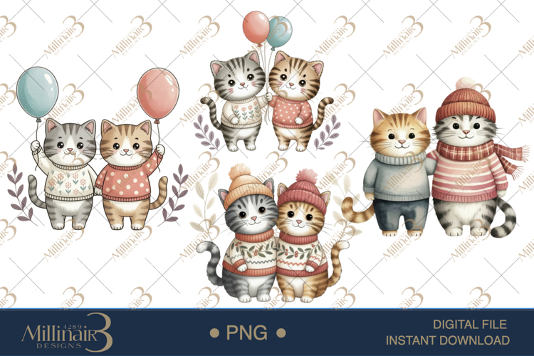 Couple Cat Christmas Watercolor Clipart | Romantic PNGs