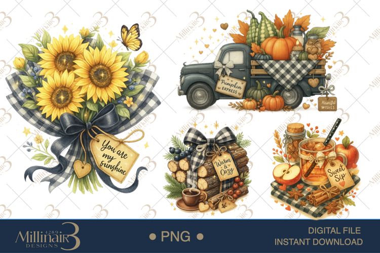 Watercolor Black Gingham Autumn Clipart