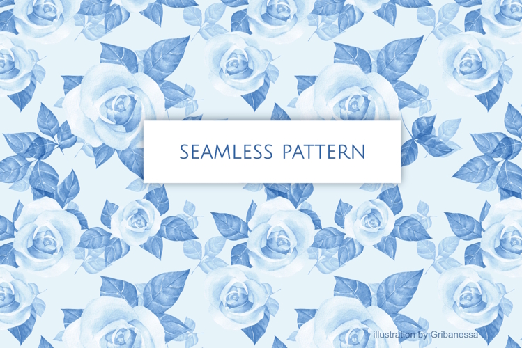 Watercolor Blue Rose Seamless Pattern