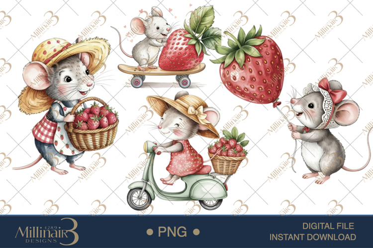 Strawberry Mice Watercolor Clipart