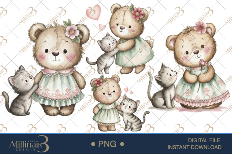Cute Bear and Kitten Watercolor Clipart Baby Shower Invitati